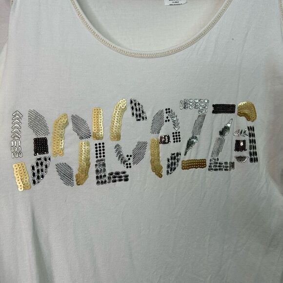 Dolcezza Sequin Logo Scoop Neck Cold Shoulder Top Size Small - Picture 3 of 11